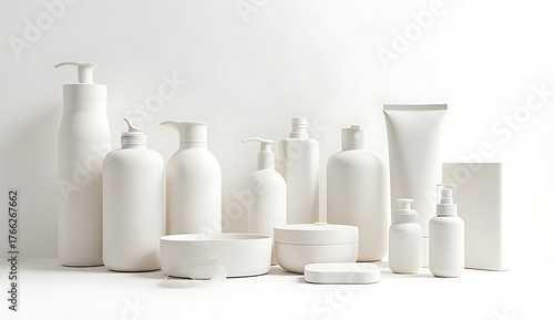 A minimalist display of assorted white cosmetic bottles and containers on a white seamless backdrop 32k resolution