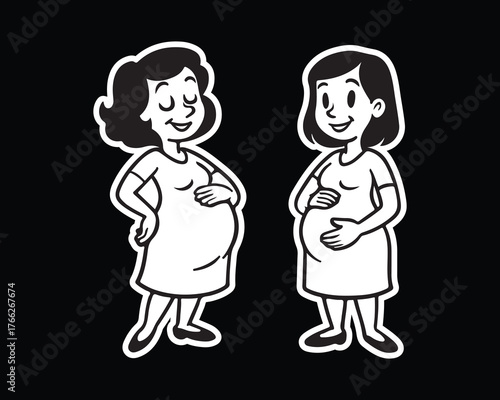 Celebrating motherhood joy two pregnant women embrace their bellies in simple vector art perfect for baby product ads or pregnancy resources online