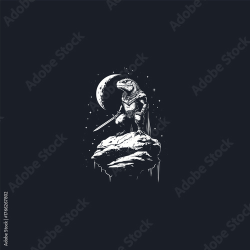 illustration of a brave anthropomorphic lizard warrior with a sword and cloak. Detailed hand-drawn sketch of a fantasy reptile character standing on a rock under a crescent moon and starry night sky