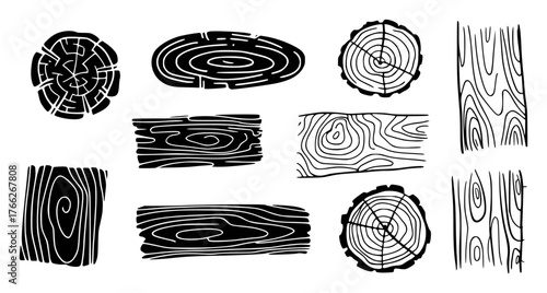 Collection of Black and White Wood Grain and Tree Ring Illustrations
