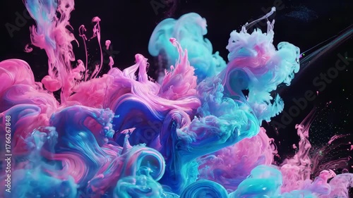 A vibrant, swirling composition of colored smoke, vivid hues against dark backdrop