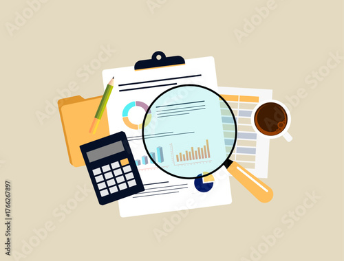 Financial analysis vector illustration magnifies charts and graphs on clipboard with calculator and coffee cup. Financial analysis insights, business reporting and strategic decisions illustration