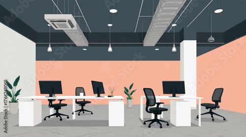 Modern office interior with desks computers and chairs