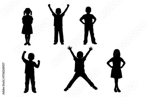 Children silhouette set of boys and girls in various poses including standing, jumping and celebrating