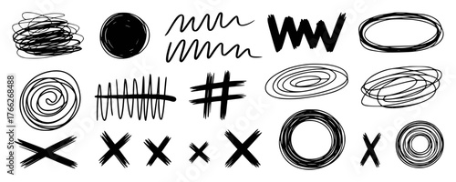 Collection of Hand-Drawn Black Scribbles, Circles, Xs, and Hashtags