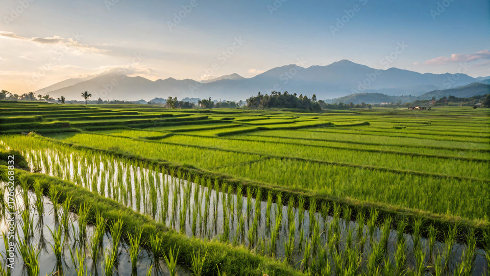 Fototapeta premium Summer landscape of green field, blue sky, and rolling hills