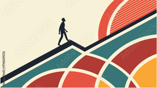 Ascending Journey: A solitary figure ascends a steep path towards a vibrant, colorful abstract design, evoking themes of personal growth, determination, and reaching for ambitious goals.