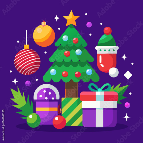 Festive christmas tree with gifts and ornaments on a purple background