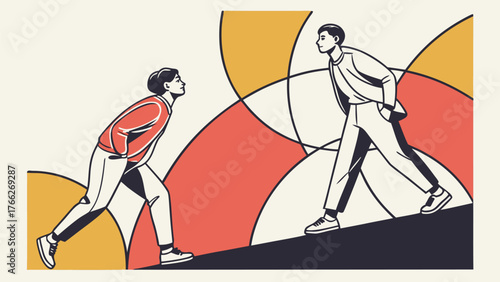 Dynamic Ascent: Conceptual illustration featuring two individuals climbing opposing slopes, highlighting themes of challenge and competition.