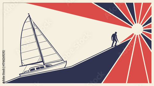 Setting Sail: An illustration of a sailboat navigating through a stylized, and graphically designed nautical scene, under a bright guiding light. The scene symbolizes voyages and overcoming obstacles.