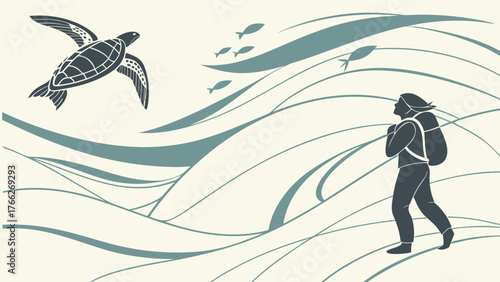 Seashore Adventure: An illustration of a lone explorer treks along the seashore, gazing up in awe at the sea turtle and playful fish swimming playfully in the crystal-clear water.
