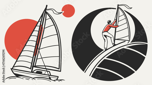 Sailing in a Sea of Dreams: Two stylized sailing images with a sun motif capture the spirit of nautical adventure, embodying the freedom and journey of sailing.
