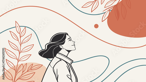 Daydreaming Silhouette: An illustrative portrait captures a woman in a state of tranquil contemplation, her gaze fixed on the boundless horizon amidst delicate floral embellishments.