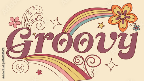 Groovy Illustration: A retro-inspired design features the word Groovy in a playful font, complemented by a rainbow, flower and star elements, evoking a sense of nostalgia.