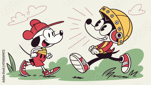 Cartoon Companions' Adventure: Two animated canine companions engage in a lively outdoor escapade. One dog, clad in a cap, bounds forward with youthful energy, while the other, a visionary.