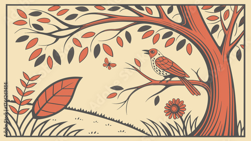 Enchanting Forest Serenade: A meticulously detailed illustration depicts a vibrant woodland scene, where a songbird perched on a tree branch serenades a lone butterfly.