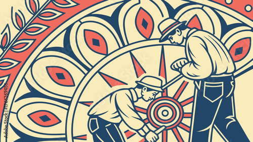 Wheel Workshop: A vintage-style image showcases artisans meticulously repairing a giant wheel in their workshop, underscoring the craft of traditional craftsmanship.