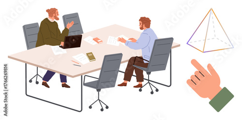 Two professionals discussing ideas at a table with office supplies, laptop, and books. Hand gesture points to a geometric pyramid. Ideal for teamwork, business, geometry, education, collaboration