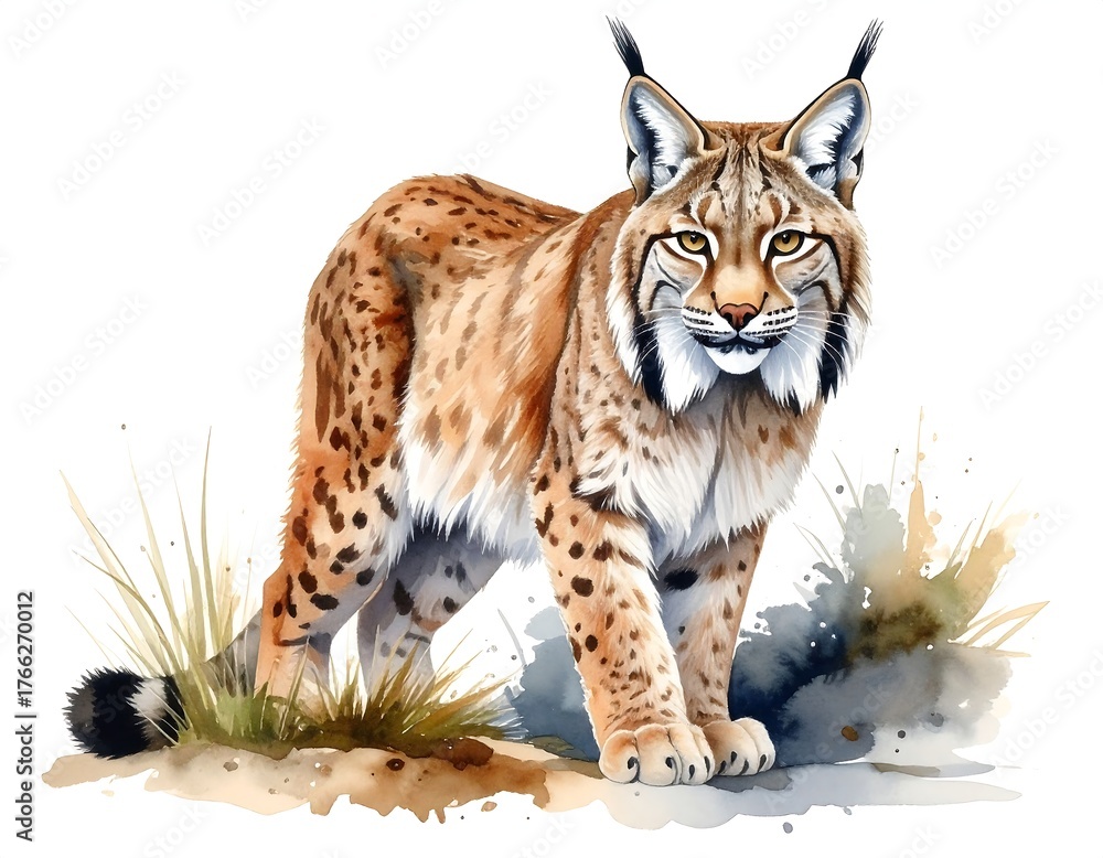 Obraz premium A proud wildcat with tufted ears and spotted fur, watercolor style