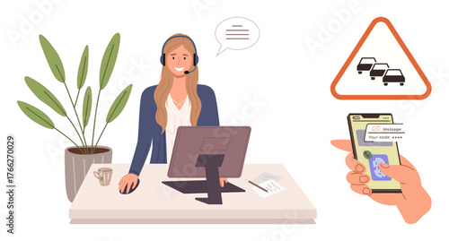 Female customer support agent at desk with headset, responding to customer queries. Smartphone in hand shows traffic alert on screen. Ideal for technology, communication, multitasking, remote work