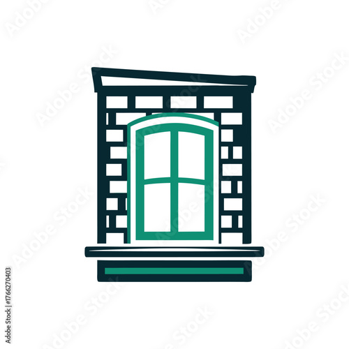 Stylized Building Facade with Window Icon A sandstone colored building facade fragment appears on a beige field