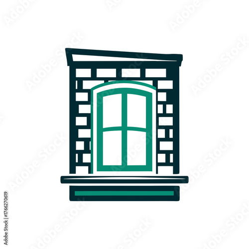 Stylized Building Facade with Window Icon A sandstone colored building facade fragment appears on a beige field