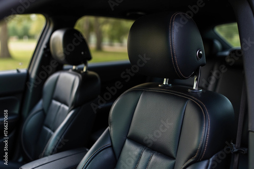 Premium driver's seat. Close-up black headrest drivers seat made of genuine leather. Driver seat of a new luxury vehicle. Lux Leather car interior. Black leather car seats in the expensive car.