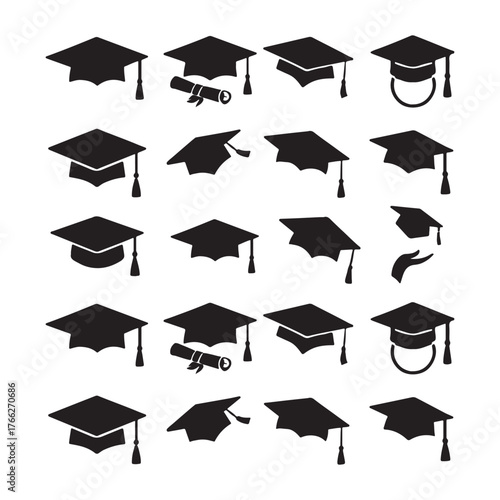 Graduation Cap and Diploma Silhouettes Vector Icons Set for Academic Achievement