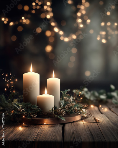 Candles and holly on rustic wooden table with twinkling fairy lights and warm ambient glow
