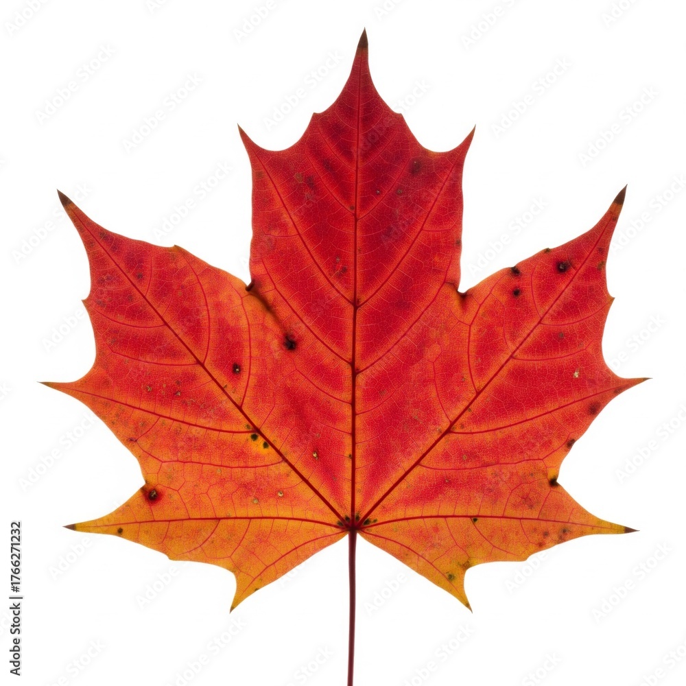 Obraz premium Bright Red Maple Leaf Isolated on White Background with Intricate Veins and Textured Surface