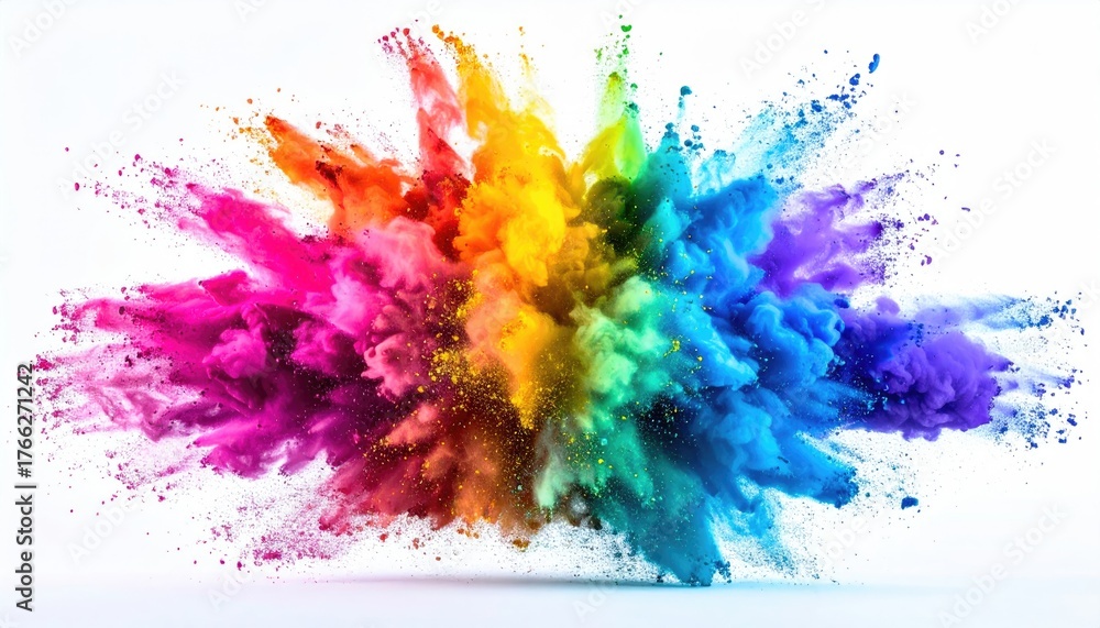 Fototapeta premium Explosion of Vibrant Rainbow Colored Powder on a White Background with Many Small Particles Flying Around the Center