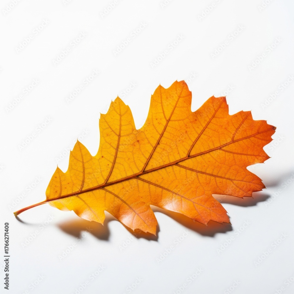 Fototapeta premium Detailed Orange Oak Leaf with Veins on White Background with Shadow