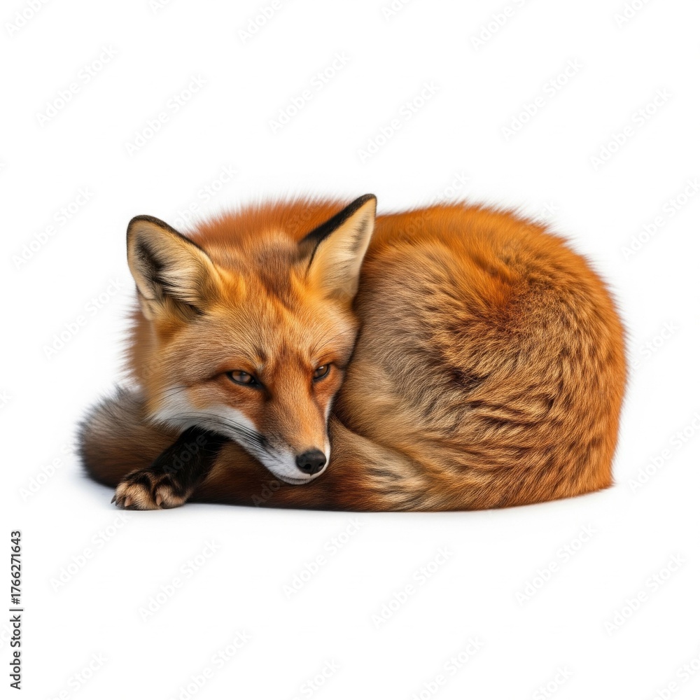 Fototapeta premium Resting Red Fox Portrait on a Clean White Background with Detailed Fur and Sharp Focus