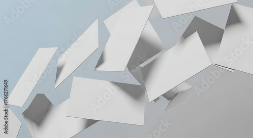 Geometric white shapes arranged in a dynamic and abstract composition.