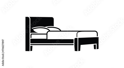 Simple black and white silhouette of a comfortable bed with pillows and a headboard on a white background