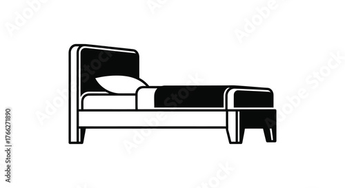 Simple black and white silhouette of a single bed with a pillow and blanket perfect for design elements