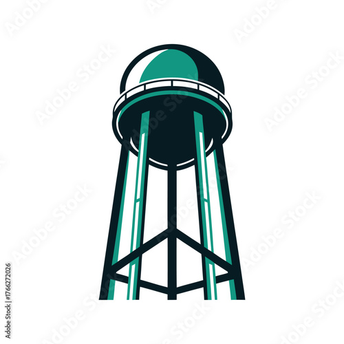 Abstract Water Tower Illustration on White A navy blue water tower rises on a midnight background