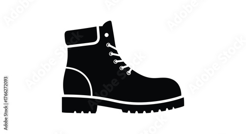 Black silhouette of a sturdy work boot with white laces and sole details on a white background