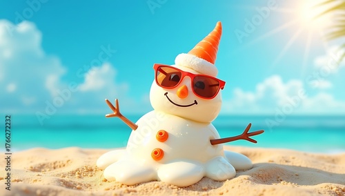 A melting snowman-shaped vanilla ice cream with a carrot nose and sunglasses placed on tropical beach sand under the bright sun — concept of summer Christmas and global warming.
