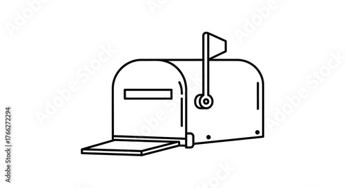 Classic american mailbox with flag raised in a simple black and white line drawing silhouette