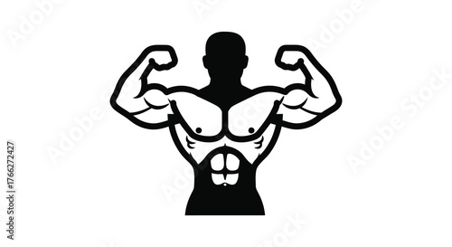 Powerful muscular man flexing biceps and chest muscles in a bold black silhouette
