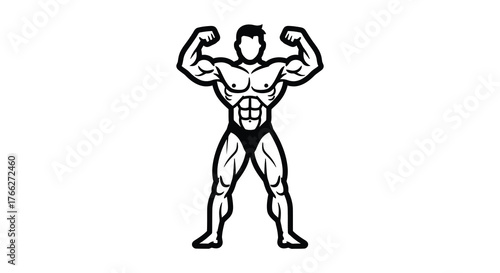 Powerful muscular male bodybuilder flexing biceps and abs in a classic pose silhouette