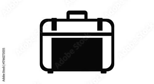 Simple black and white outline icon of a rolling suitcase for travel and vacation in a minimalist silhouette style