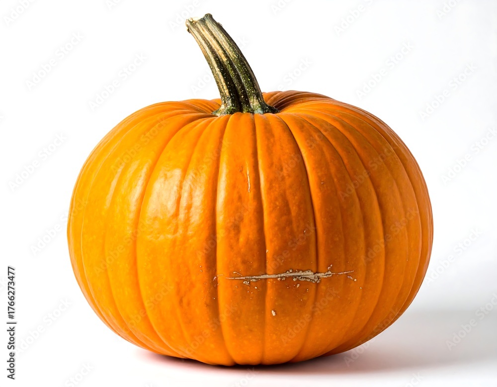 Obraz premium A round, orange autumn pumpkin with a green stem stands alone