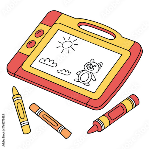 Creative Playtime: Unleashing Imagination: A colorful magnetic drawing board, surrounded by vibrant crayons, sparks endless creative possibilities for young artists.