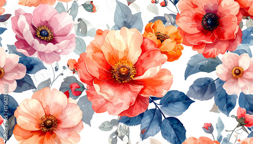 Watercolor floral pattern featuring vibrant pink, coral, and orange blooms with blue-gray leaves on a dark background