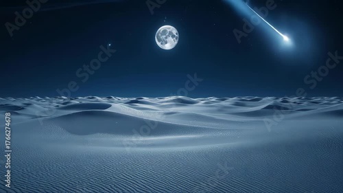 A night landscape with moon over sand dunes, with a few stars
