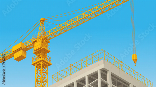 Yellow construction crane over partially built building under blue sky
