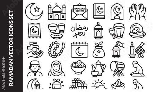 Ramadan Kareem Line Icon Set. Simple Islamic Symbols Collection with Mosque, Fasting, Quran, Lantern and Moon.