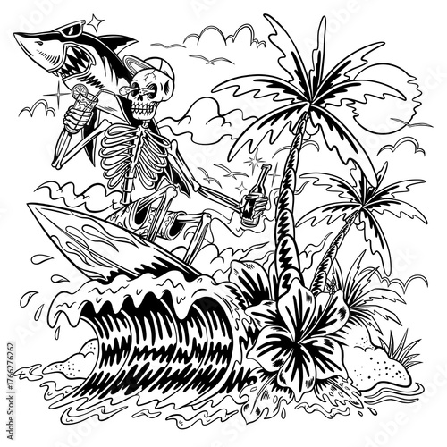 Sticker Skull surfing with a cold beer and relaxing, with a background of coconut trees,